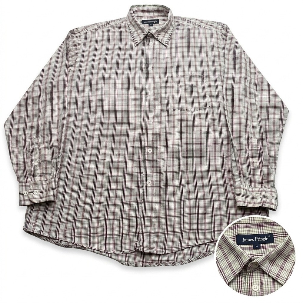 James Pringle Mens‎ Large Plaid Button Down Shirt Green Burgundy Long Sleeve L